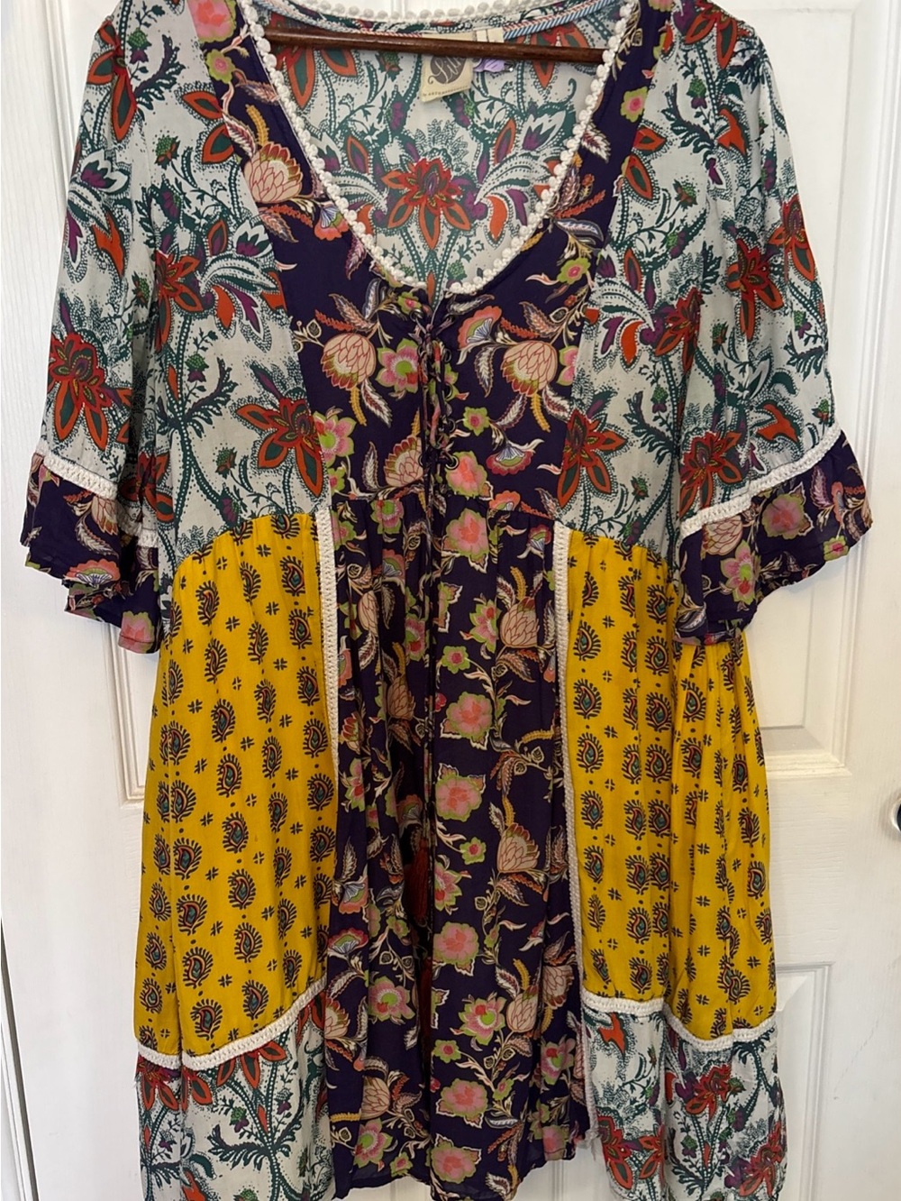 Anthropologie PATCHWORK TRAPEZE MINI DRESS Lilka Babydoll cottage core yellow